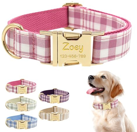Personalisierte Hundehalsbänder mit Eingraviertem Namen und Telefonnummer, Verstellbares Tartan-Halsband mit Metallschnalle, Sicher und Strapazierfähig für XS-XL Hunde (Rosa einfarbig kariert)