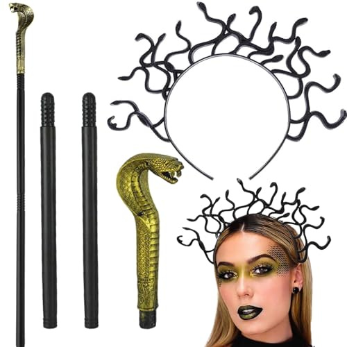 DvBCNMe Medusa Kostüm Set, 2-teilig mit Kopfschmuck und Zepter | Medusa Kostüm Set mit 80cm Zepter und 27x20.5cm Kopfband, ideal für Halloween, Partys und Cosplay