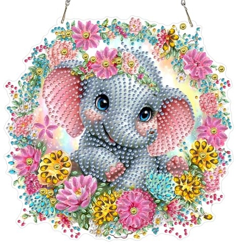 AIRDEA DIY Cute Happy Elephant Diamond Art Ornament Kit for Adults, Double-Sided Colorful Flowers Diamond Painting Hanging Kit, DIY Acrylic Special Shaped Drills Hanging Suncatcher