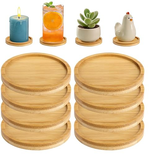 Lot de 8 assiettes à bougie en bambou - Dessous de verre en bois - Ronds - Pour bougies piliers - 9,5 cm - Dessous de verre pour plantes, gobelets, bougies, plateau décoratif