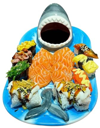 Handmade Ceramic Shark Sushi Plate - Shark Dinner Plate with Soy Sauce Bowl & Chopstick Holder, Personalised Japanese Serving Plate for Sashimi, Snacks & Party, Dishwasher
