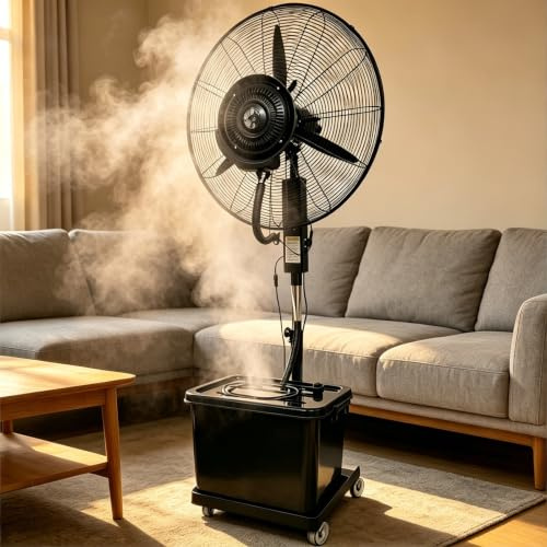 Meedlopia Ventilatore a Nebbia Industriale 42L, Ventilatore ad Acqua con Ruote e Regolazione Nebbiolina, Oscillazione 90°, Altezza Regolabile, per Grandi Ambienti, Casa, Ufficio e Patio