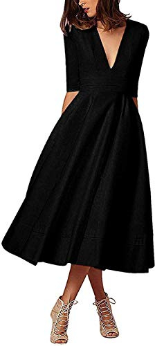 CARINACOCO Donna Vestiti Lunghi da Matrimonio Elegante Collo V Vestito A Pieghe Skater Abito Maxi Damigella Sera Cerimonia Inverno Nero M