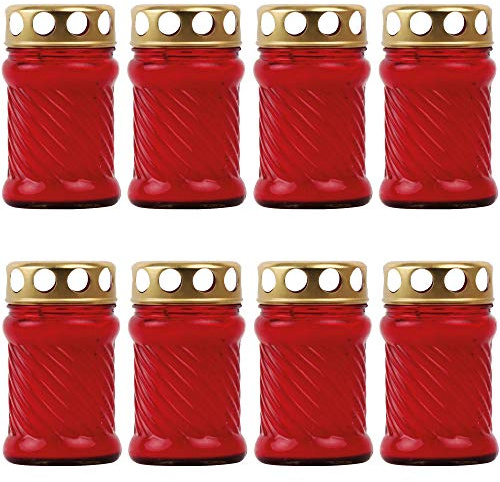 HS Candle 8X Grablicht Grabkerze aus Glas Rille (10.5cm) ca. 24 Stunden Brenndauer/Farbe: Rot