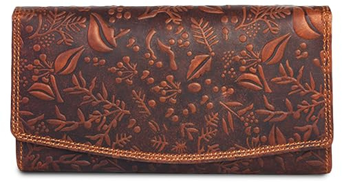 VALENCHI Women's Leather Wallet - RFID Blocking Wallet - Ladies Clutch Hand Purse With Card Holder Slots (Cognac Vintage LW03)