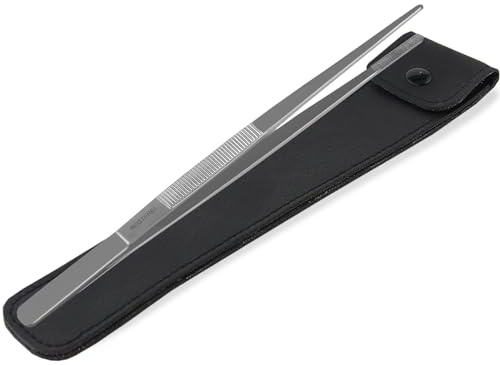 Profi XL Kochpinzette aus Edelstahl gerade Grillpinzette mit Innenzahnung | Küchenpinzette mit präzisen Pinzetten Spitzen zum Anrichten oder Servieren von Gerichten inkl. Etui mit Druckknopf 35 cm