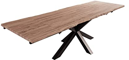 SAM Baumkantentisch 180 (280) x 90 cm Janosh, Akazienholz massiv & stonefarben, Esstisch inkl. 2 Ansteckplatten 50 x 90 cm, echte Baumkante, Spider-Metallgestell in Schwarz