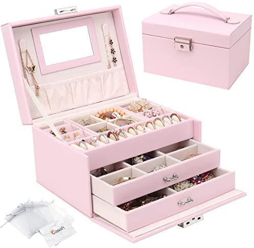 Casiwaft Boîte à Bijoux, Coffret à Bijoux avec Miroir et 2 Tiroirs, Rangement Bijoux Coffret Bijoux Verrouillable de Voyage à 3 Couches, Organisateur de Bijoux pour Colliers, Bagues, Rose