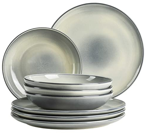 MÄSER Serie Livio, Teller Set für 4 Personen mit Speisetellern und Suppentellern in moderner nordischer Form, 8-teiliges Tafelservice, Steinzeug, Grün