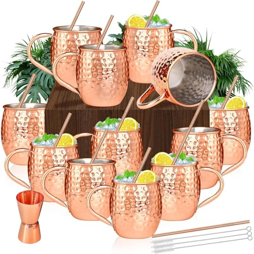 Moscow Mule Copper Mugs Moscow Mule Cups Kit 19oz Set of 12 with Handle Large Copper Hammered Plating Cups with 0.5oz Double Jigger, Stainless Steel Straws, Spoons for Cold Drinks Cocktails Wine
