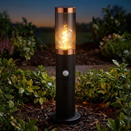 Standleuchte Außenbeleuchtung Sockelleuchte rauch Kupfer Außen mit Bewegungsmelder Garten Stehlampe, Edelstahl Kunststoff, 1x E27, DxH 7,6x45 cm