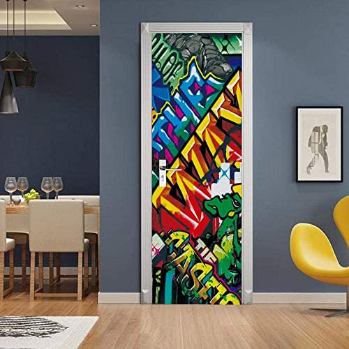 Türtapete Selbstklebend Türfolie Türposter 3D Bunte Graffiti-Buchstaben Selbstklebender Türaufklebervinyl Folie Türdeko Tapete Wandbild Türaufkleber Schlafzimmer Haus Dekoration Wohnzimmer Küche 90 X