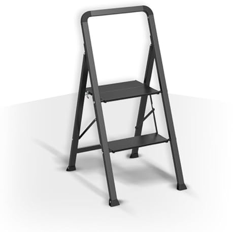 MSV - Klapptritt mit 2 Stufen aus Stahl - Tragfähigkeit 150 kg - GS-Sicherheitsnorm - Kompaktes und faltbares Design, Platzersparnis - rutschfeste Füße - Schwarz