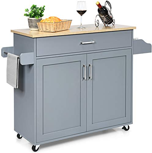 COSTWAY Kitchen Island on Wheels with Cabinet (Grey, 116 x 40 x 85cm) | Rolling Storage Trolley with Towel Rack, Spice Rack & Lockable Wheels, Utility Serving Cart, for Home Dining Room Hallway