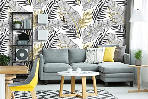 Papier Peint Panoramique Feuille De Bananier Noir Blanc Or 3D Poster Mural pour Salon Chambre Décoration Murale