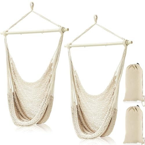 Barydat Hängemattenstuhl, Boho-Schaukelstuhl, für drinnen und draußen, Baumwollseil, Webstuhl mit 101,6 cm abnehmbaren Metallstangen für Hinterhof, Wohnzimmer, Schlafzimmer, Garten, Beige, 2 Stück