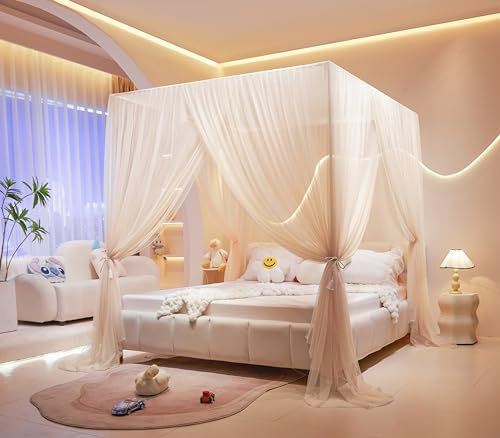 Akiky Princess Moskitonetz mit 4 Ecken, gemütliches Drapiernetz, 3 Öffnungen, Betthimmel, Vorhang für Mädchen, Bett, Jungen, Erwachsene, (Doppelbett, Beige)