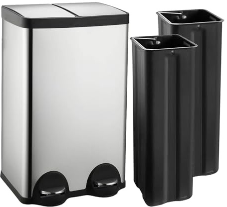 JM ·YIPENG Mülleimer 2 Fächer, 60L Mülleimer Küche, Edelstahl Mülleimer | Glänzend, 60L Treteimer mit Softclose Deckel und Inneneimer, 2x30l Edelstahl Mülleimer für Recyclingmaterialien und Abfall