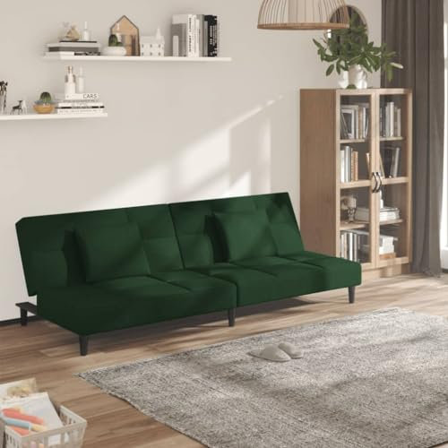 Homgoday Schlafsofa 2-Sitzer Klappsofa mit 2 Kissen Sofa mit Schlaffunktion Bettsofa Bettcouch Loungesofa Sofa Couch mit Verstellbarer Rückenlehne fürs Wohnzimmer Dunkelgrün Samt