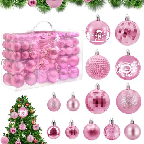 HOVIBU 100pcs Bolas de Navidad Rosa, Adornos Arbol Navidad con Cordón, Mate, Brillante Bolas Navidad, para Decoracion Navidad, Boda, Reutilizable