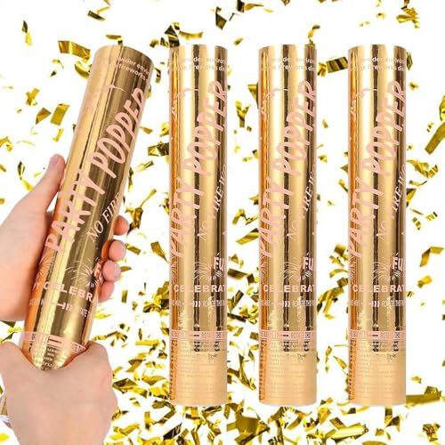 4Pcs Gold Confetti Cannon, Biodegradable Confetti Cannons, 30cm Party Poppers, Large Confettis Cannons for Party, Weddings, Anniversary, Graduation, Baby Shower