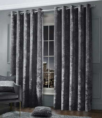 LIZZIE JACOBS Crushed Velvet Luxury Curtains Eyelet Top Fully Lined Thick Curtain Pairs Living Room Bed Room Kitchen Office Ring Top Curtains (Charcoal, 66 wide x 72 drop)