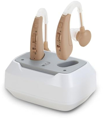 HIBRIQ Hearing Amplifier with Adjustable Volume and 4-Mode, Intelligent Noise Cancellation & Desktop Charger, Beige