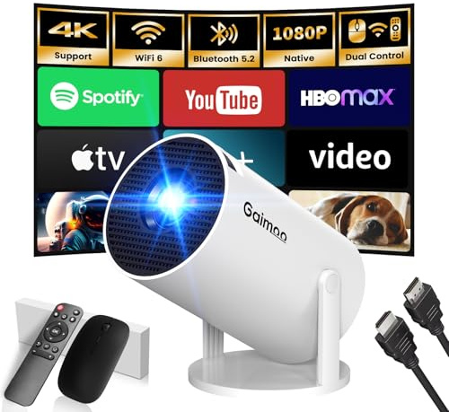 [2025 Model & Built-in Apps] Mini Projector 1080P FHD 4K Support Portable Projector with WiFi and Bluetooth 180° Adjustable Auto Keystone Compatible with TV Stick/Memory Stick/USB/Laptop, White