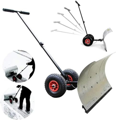 Pelle à neige pour déneigement, pelle à neige avec roues, pelle à neige avec roues pour allée, porte, poussoir à neige en métal robuste avec angle de hauteur réglable, chasse-neige roulant p