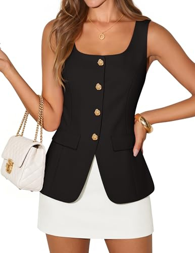 ZESICA 2026 Summer Casual Sleeveless Suit Vest for Women Square Neck Button Down Work Business Blazer Vests Waistcoat,Black,Large