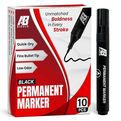 AIBULO Pack of 10 Black Permanent Markers, Fine Tip, Quick-Drying, Waterproof Ink – Ideal for Office, Crafting, and Large Projects