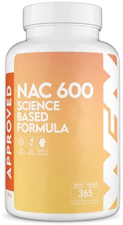 WFN Approved NAC 600 mg por cápsula - N-Acetil-L-Cisteína - Suministro anual de 365 cápsulas - Altamente dosificado, vegano, sin aditivos - Producido y probado en Alemania