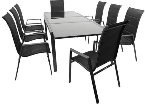 DEGAMO Gartenset Garnitur Torino 9-teilig (8X Stapelsessel Hochlehner, 1x Ausziehtisch 180/240x100cm), Alu anthrazit + Tischplatte Glas in schwarz, Outdoor