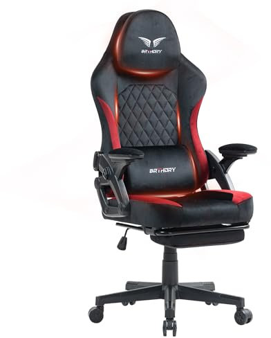 BRTHORY Gaming Stuhl Ergonomischer Racing Gamer Stuhl mit Verstellbare Kopfstütze Schreibtischstuhl mit Stoffoberfläche, Federsitzkissen, Verbindungsarmlehnen und Fußstütze, Wippfunktion, 135°