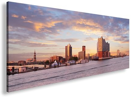 Leinwandbild Hamburgs Skyline leuchtet im Farbenspiel der Abendsonne Panorama 120x60cm XXL Wandbild auf Keilrahmen/Kunstdruck/Bild Wohnzimmer Dekoration