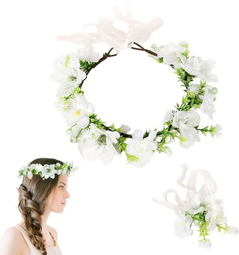 LIULINY 2 Pièces Couronne Fleurs Cheveux, Couronnes de Fleurs Réglable Artificielles, Bandeau de Florale avec Bracelet, Bandeau avec Ruban Réglable, pour Mariage, Cérémonie, Fête, Festival (Blanc)