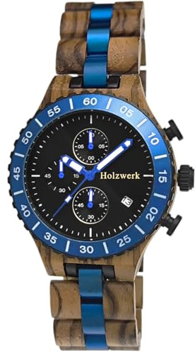 Holzwerk Germany Handgefertigte Designer Herren Öko Natur Holz Uhr Chronograph Armband Analog Quarz Zebra Braun Schwarz Blau Datum Holz