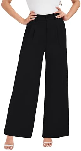 Oyamiki Smart Trousers Women Business Black Straight Leg Elasticated Waist Pants Work Casual Trousers with Pockets S