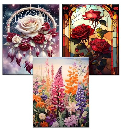 JATOK Malen nach Zahlen Erwachsene, 3er-Set, Romantische Rosen, 40 x 50 cm | 3 komplette Malsets mit vorgedruckten Leinwänden, Acrylfarben und Pinseln; 3 kreative Projekte für Anfänger Ohne Rahmen