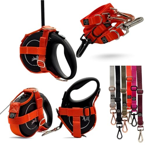pawINAYA® Halfter für Flexi-Leinen, Hundeleine-Halterung kompatibel mit Flexi Classic, Comfort & Extreme, inkl. 3-in-1 Hundelleine, Nylon Gurtband mit Metallbeschlägen (Orange/Rosé Gold, XS/S)
