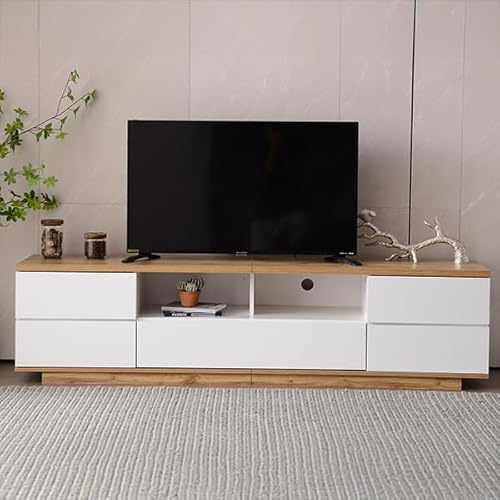 FammyLoft TV-Schrank mit Holzmaserung, Farbblock-TV-Lowboard in Weißer Ausführung, Modern TV Stand und Fernsehschrank mit Schränken, Vorratsschrank, Fernseher Tisch, Holzfarbe und Weiß