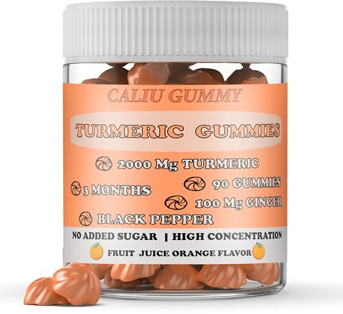 CALIU GUMMY | Curcuma Complex 2000 mg | Curcumine 95% Curcuminoïdes | Curcuma Gingembre Poivre Noir | Haute Absorption | 90 Gummies | Cure 3 Mois | Végan | Sans Sucre Ajouté | Orange