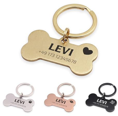 FELLSOCKE Hundemarke mit Gravur aus Edelstahl, Individuell gravierbar, Robuste Tiermarke, Dogtag Anhänger Hunde, Pferde, Katzen & Welpen (Matt, Goldfarben, 40x21mm)