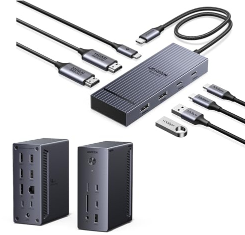 UGREEN Docking Station, 7-in-1 USB C Hub, Dual 4K@60Hz with 2 HDMI, 4x 10Gbps USB-A/C Data Ports, 100W PD & 14-in-1 Laptop Docking Station Triple Display
