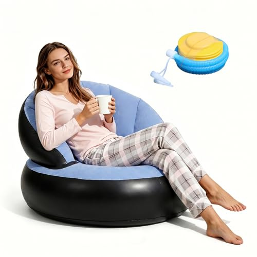 Uppblåsbar soffa med fotpump, uppblåsbar luftsoffa, 77 × 77 × 58 cm, uppblåsbar soffa, flockad, uppblåsbar fåtölj för vardagsrum, balkong, trädgård, camping, utomhus, inomhus, soffa uppblåsbar