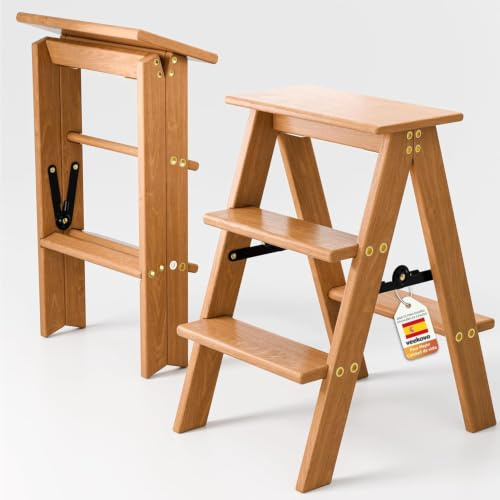 Escalera de 3 peldaños, Taburete Plegable de Madera, Silla Plegable, Antideslizante, portátil y Resistente para el hogar, la Cocina y la Oficina (Madera EW1)