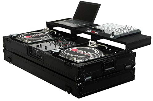 Universal Black 10 Format DJ Mixer and Two Battle Position Turntables Flight Coffin Case with Full Glide Platform