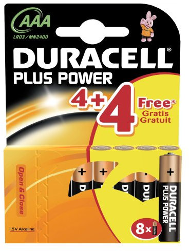 Duracell DUR018785 Plus Power AAA Batteries Pack of Four + Four Free