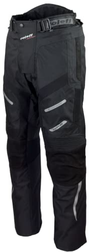 Schwarze Motorradhose mit herausnehmbarem Thermofutter, Protektoren, Reflektoren, Rindslederapplikationen, und Weitenverstellung für Sommer und Winter