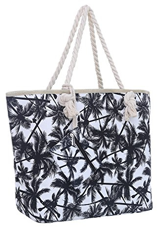 DonDon Strandtasche XXL mit Reißverschluss - Umhängetasche Damen, Shopper Tasche Damen im Beach Look mit Schulterriemen - Urlaub Must Haves Beach bag - Palmen weiß schwarz